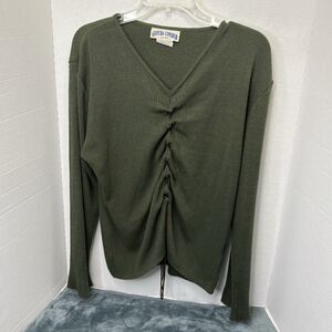 Women’s Green V- Neck Sweater Ruching Detail Gotcha Covered Size XL